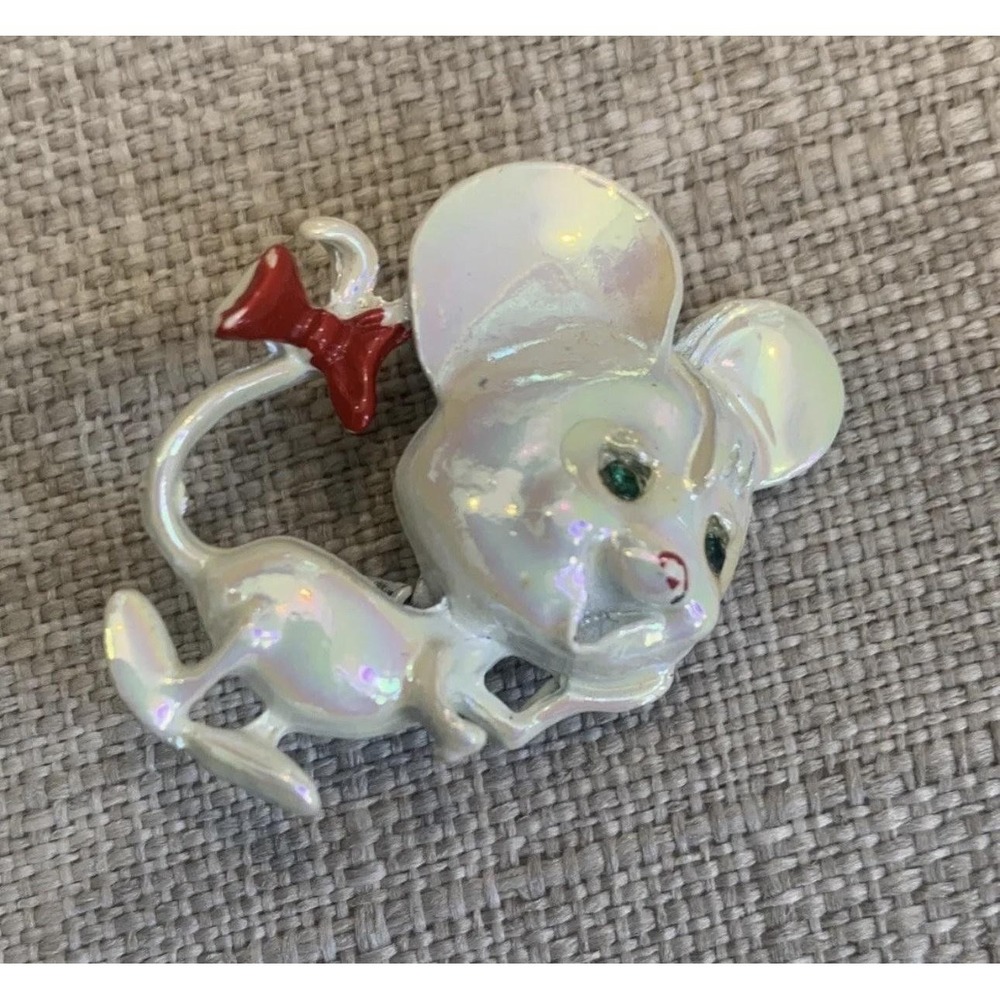 White Iridescent Mouse Brooch Pin Enamel Red Bow Green Eyes Animal Jewelry